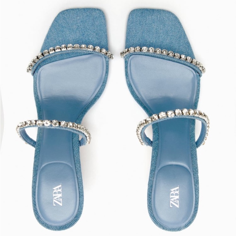 Zara Rhinestone Heeled Denim Sandals - Picture 5 of 6